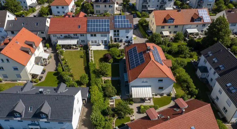 Aerial drone view of typical German residential neighborhood with mixed roof types, red and dark roof tiles, gardens visible, sunny day