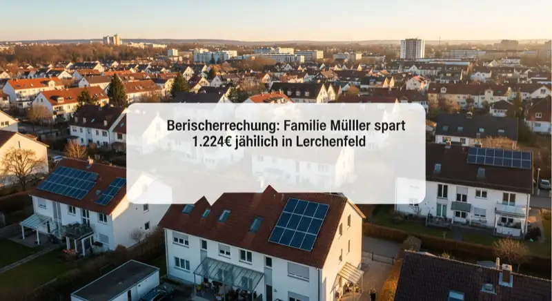 Aerial drone view of typical German residential neighborhood with mixed roof types, red and dark roof tiles, gardens visible, sunny day