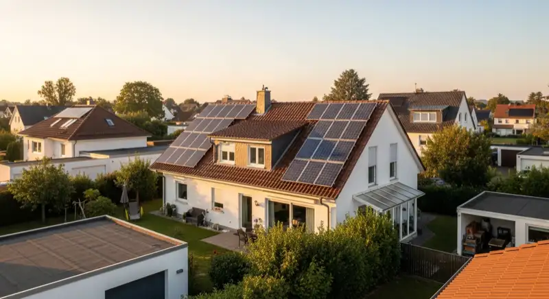German detached house (Einfamilienhaus) with photovoltaic panels on pitched roof, well-maintained garden, warm afternoon sunlight