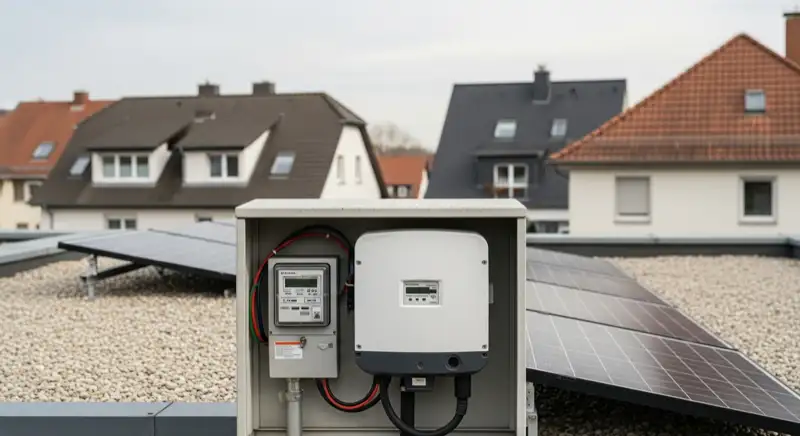 Modern German electrical meter cabinet (Zählerschrank) with smart meter and solar inverter connection, clean technical installation
