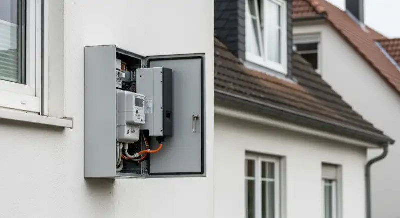 Modern German electrical meter cabinet (Zählerschrank) with smart meter and solar inverter connection, clean technical installation
