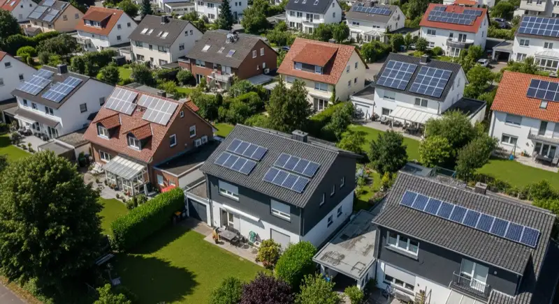 Aerial drone view of typical German residential neighborhood with mixed roof types, red and dark roof tiles, gardens visible, sunny day