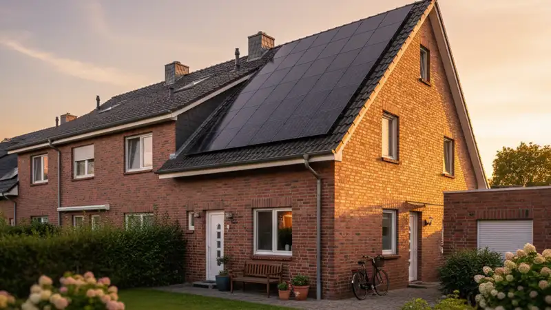 Familie vor Garbsener Eigenheim mit Solaranlage auf dem Dach