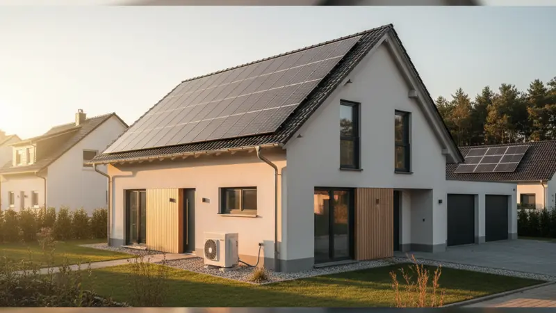 Modernes Einfamilienhaus mit Solaranlage in einer Ruhrgebiet-Siedlung