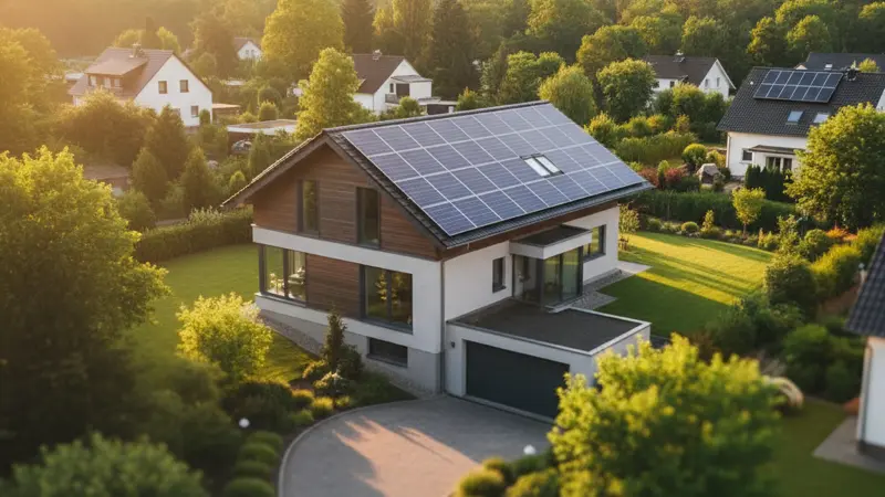 Einfamilienhaus mit Solaranlage auf dem Dach in Gelsenkirchen, Ruhrgebiet mit grüner Nachbarschaft
