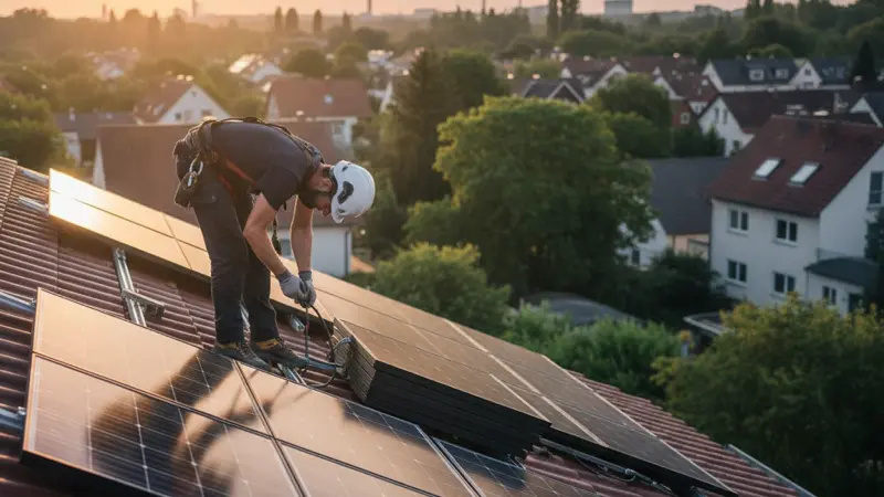 Solarinstallateur bei der Montage auf einem Dach im Ruhrgebiet