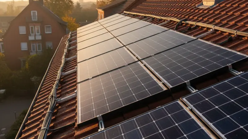 Solarmodule auf einem Ziegeldach im Ruhrgebiet, Nahaufnahme der Befestigung