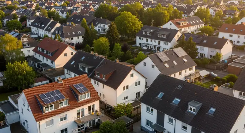 Aerial drone view of typical German residential neighborhood with mixed roof types, red and dark roof tiles, gardens visible, sunny day