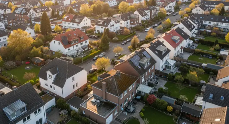 Aerial drone view of typical German residential neighborhood with mixed roof types, red and dark roof tiles, gardens visible, sunny day