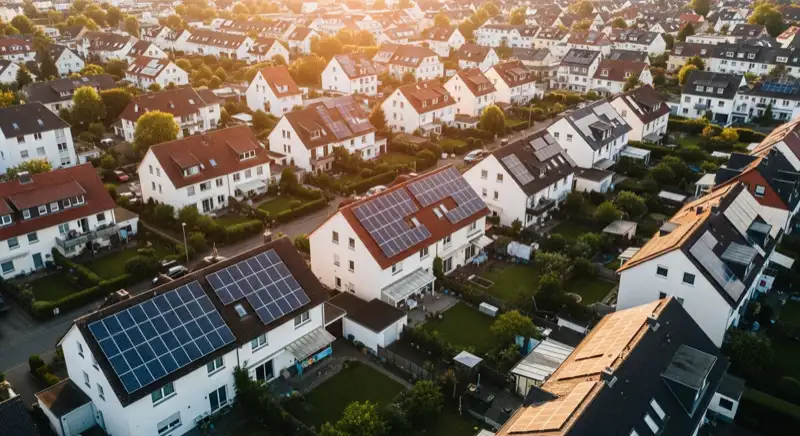 Aerial drone view of typical German residential neighborhood with mixed roof types, red and dark roof tiles, gardens visible, sunny day