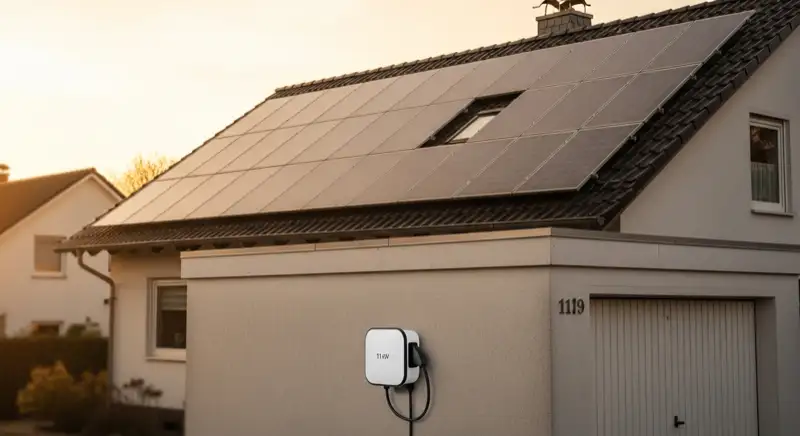 Einfamilienhaus in Gelsenkirchen mit Solaranlage auf dem Dach und weißer 11 kW Wallbox an der Garagenwand