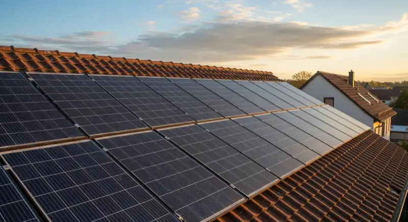 Close-up of photovoltaic solar panels installed on a traditional German Satteldach (gabled roof), blue sky with some clouds