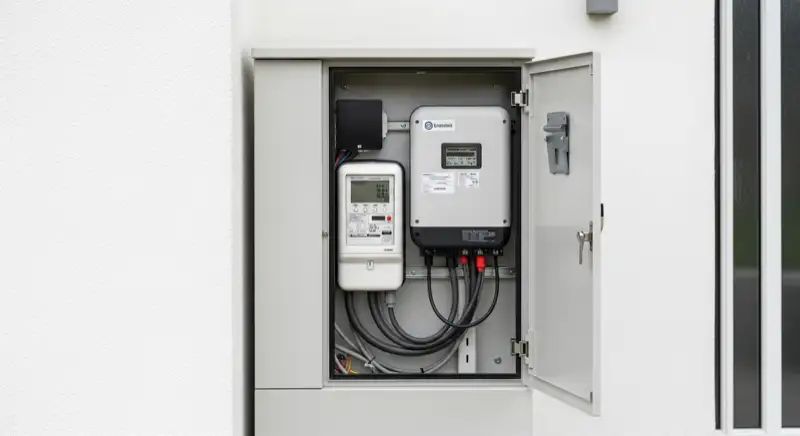 Modern German electrical meter cabinet (Zählerschrank) with smart meter and solar inverter connection, clean technical installation