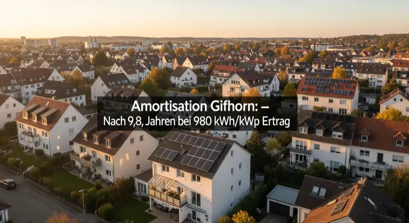 Aerial drone view of typical German residential neighborhood with mixed roof types, red and dark roof tiles, gardens visible, sunny day