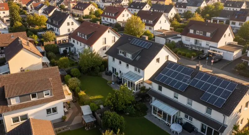 Aerial drone view of typical German residential neighborhood with mixed roof types, red and dark roof tiles, gardens visible, sunny day