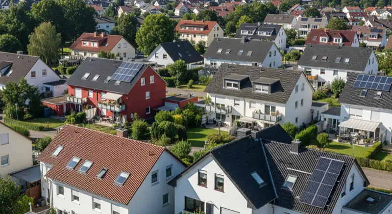 Aerial drone view of typical German residential neighborhood with mixed roof types, red and dark roof tiles, gardens visible, sunny day