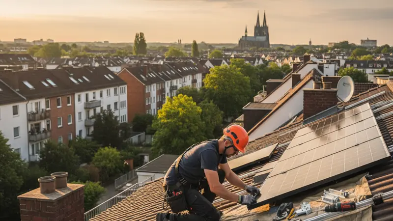 Solarinstallateur bei der Montage auf einem Gocher Hausdach