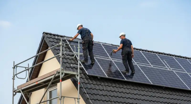 Familie vor ihrem Eigenheim mit Solaranlage in Görlitz