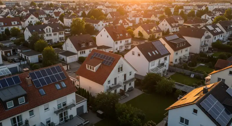 Aerial drone view of typical German residential neighborhood with mixed roof types, red and dark roof tiles, gardens visible, sunny day