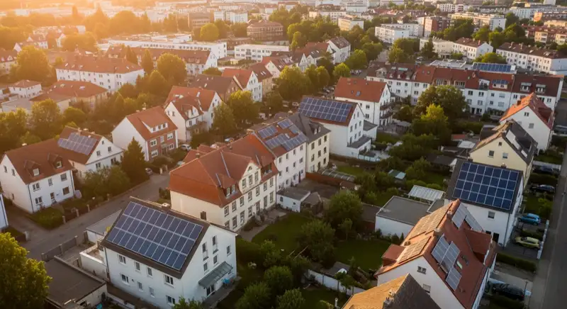 Aerial drone view of typical German residential neighborhood with mixed roof types, red and dark roof tiles, gardens visible, sunny day