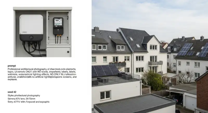 Modern German electrical meter cabinet (Zählerschrank) with smart meter and solar inverter connection, clean technical installation