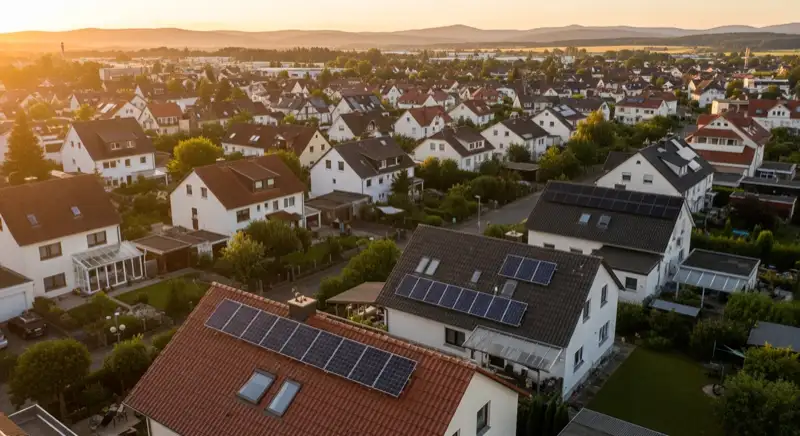 Aerial drone view of typical German residential neighborhood with mixed roof types, red and dark roof tiles, gardens visible, sunny day