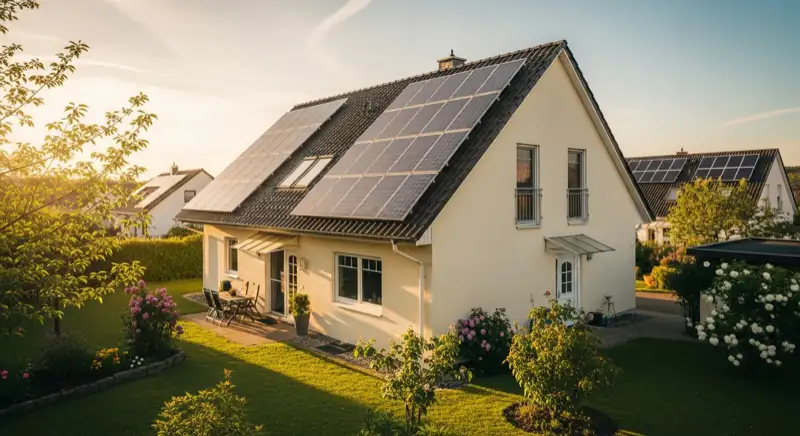 German detached house (Einfamilienhaus) with photovoltaic panels on pitched roof, well-maintained garden, warm afternoon sunlight