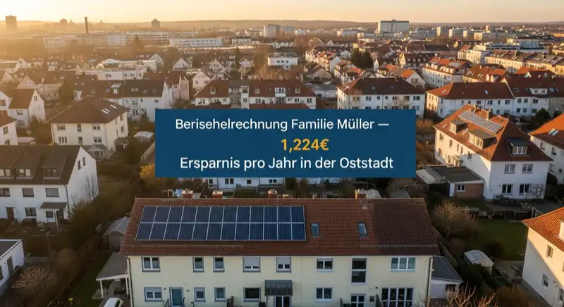 Aerial drone view of typical German residential neighborhood with mixed roof types, red and dark roof tiles, gardens visible, sunny day
