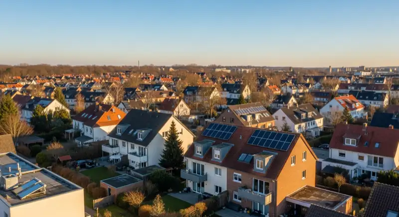 Aerial drone view of typical German residential neighborhood with mixed roof types, red and dark roof tiles, gardens visible, sunny day