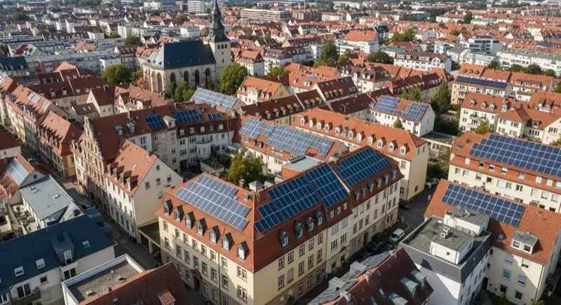 Verschiedene Wohngebäude in Gotha mit unterschiedlich großen Solaranlagen je nach Stadtteil