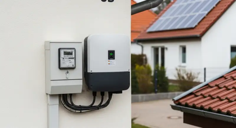 Modern German electrical meter cabinet (Zählerschrank) with smart meter and solar inverter connection, clean technical installation