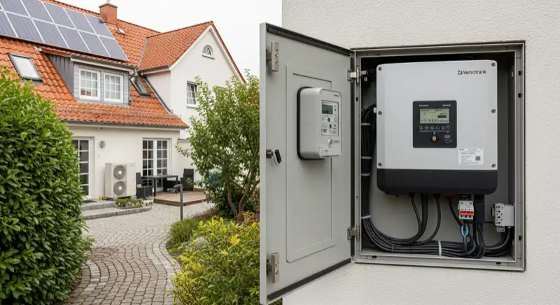 Modern German electrical meter cabinet (Zählerschrank) with smart meter and solar inverter connection, clean technical installation