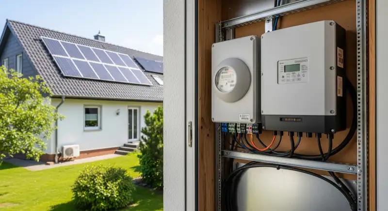 Modern German electrical meter cabinet (Zählerschrank) with smart meter and solar inverter connection, clean technical installation