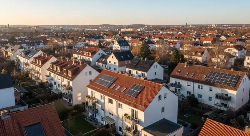 Aerial drone view of typical German residential neighborhood with mixed roof types, red and dark roof tiles, gardens visible, sunny day