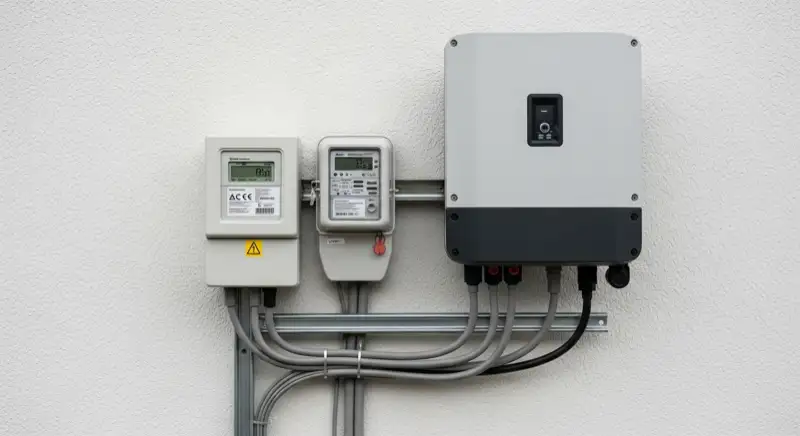 Modern German electrical meter cabinet (Zählerschrank) with smart meter and solar inverter connection, clean technical installation