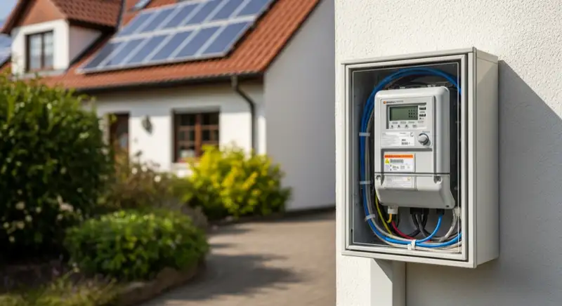 Modern German electrical meter cabinet (Zählerschrank) with smart meter and solar inverter connection, clean technical installation