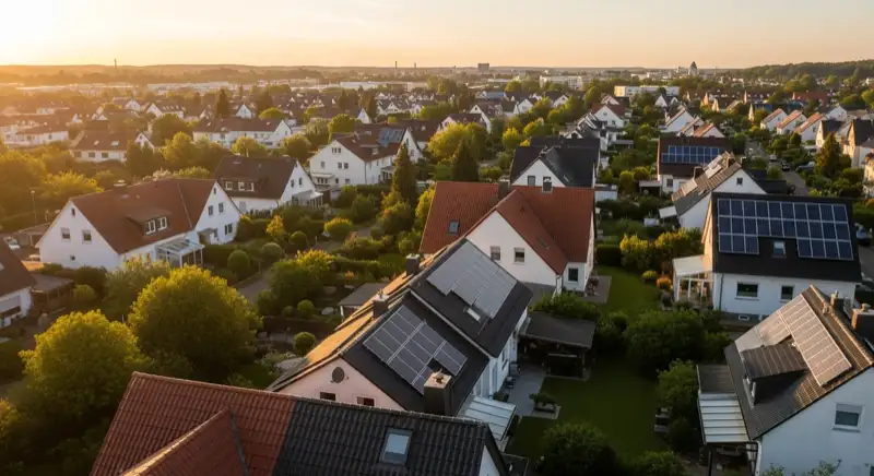 Aerial drone view of typical German residential neighborhood with mixed roof types, red and dark roof tiles, gardens visible, sunny day