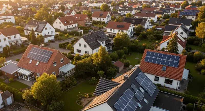 Aerial drone view of typical German residential neighborhood with mixed roof types, red and dark roof tiles, gardens visible, sunny day