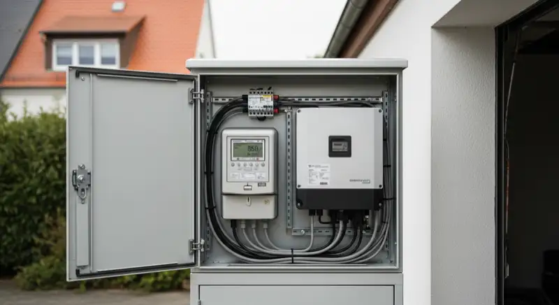 Modern German electrical meter cabinet (Zählerschrank) with smart meter and solar inverter connection, clean technical installation