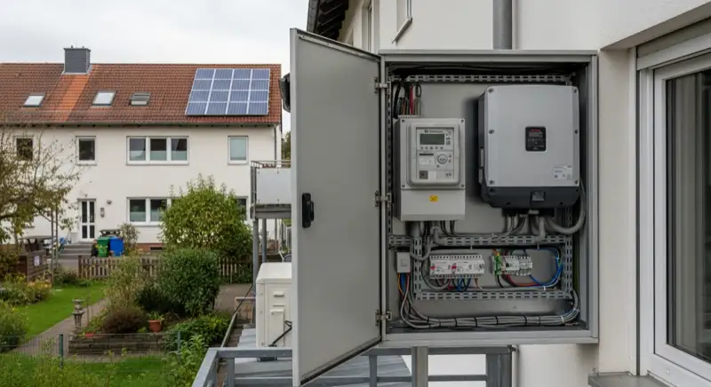 Modern German electrical meter cabinet (Zählerschrank) with smart meter and solar inverter connection, clean technical installation