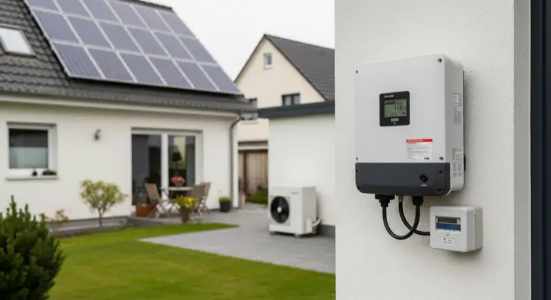 Modern German electrical meter cabinet (Zählerschrank) with smart meter and solar inverter connection, clean technical installation