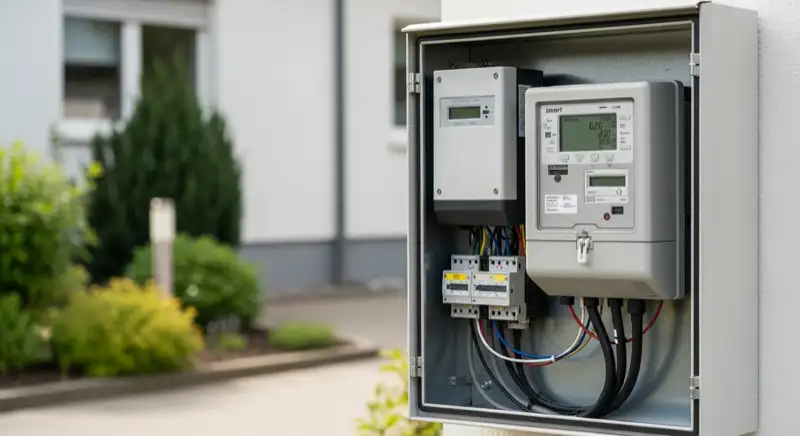 Modern German electrical meter cabinet (Zählerschrank) with smart meter and solar inverter connection, clean technical installation