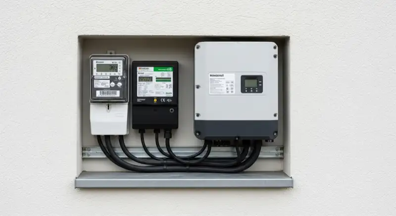 Modern German electrical meter cabinet (Zählerschrank) with smart meter and solar inverter connection, clean technical installation