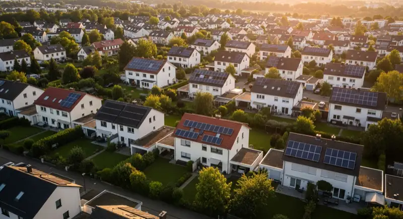 Aerial drone view of typical German residential neighborhood with mixed roof types, red and dark roof tiles, gardens visible, sunny day