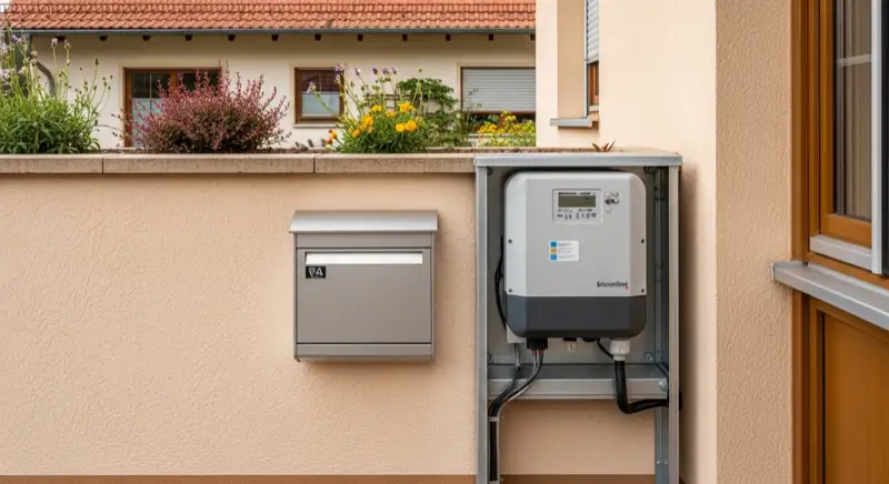 Modern German electrical meter cabinet (Zählerschrank) with smart meter and solar inverter connection, clean technical installation