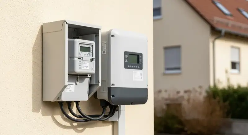 Modern German electrical meter cabinet (Zählerschrank) with smart meter and solar inverter connection, clean technical installation