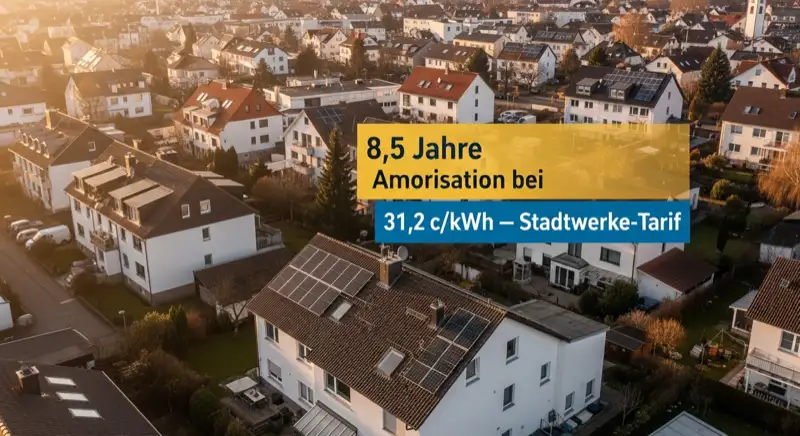 Aerial drone view of typical German residential neighborhood with mixed roof types, red and dark roof tiles, gardens visible, sunny day