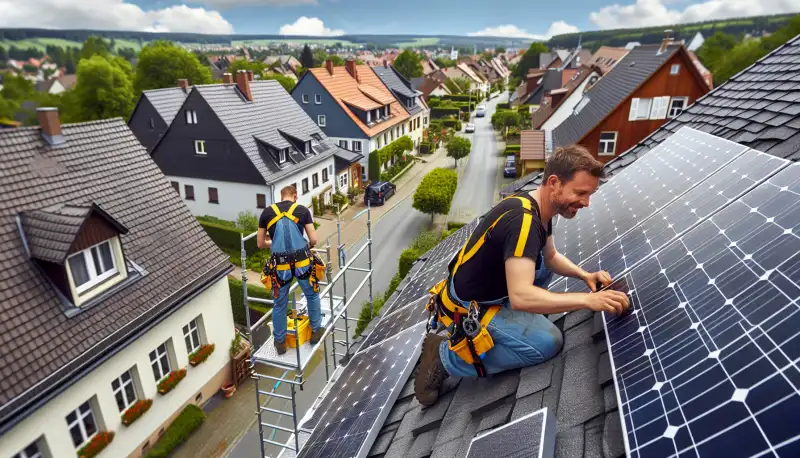Solarinstallateure bei der Montage auf einem steilen Hagener Hausdach