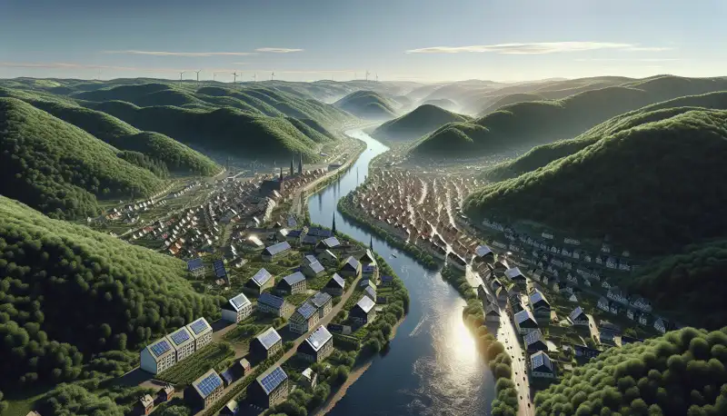 Panoramablick auf das Hagener Stadtgebiet mit Häusern in Tallage und bewaldeten Hügeln