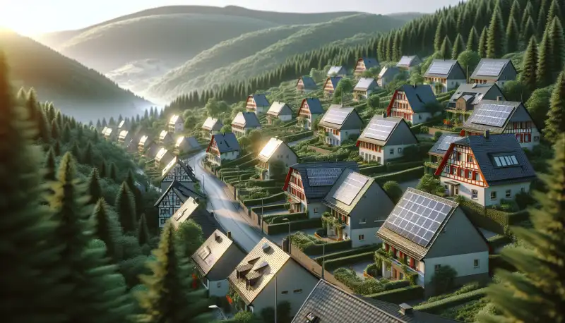 Wohnsiedlung in Hagen mit Solaranlagen auf steilen Dächern, Sauerland-Hügel im Hintergrund